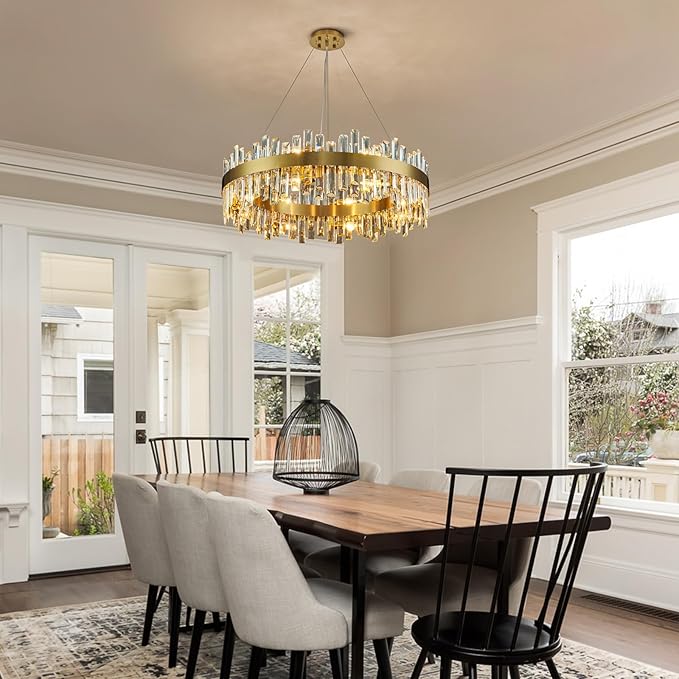 Siljoy 16-Light Modern Crystal Chandelier, 31.5'' Luxury Dimmable Brass Gold K9 Crystal Raindrop Chandelier Adjustable Hanging Crystal Ceiling Light for Dining Living Room Kitchen Island Entry Foyer