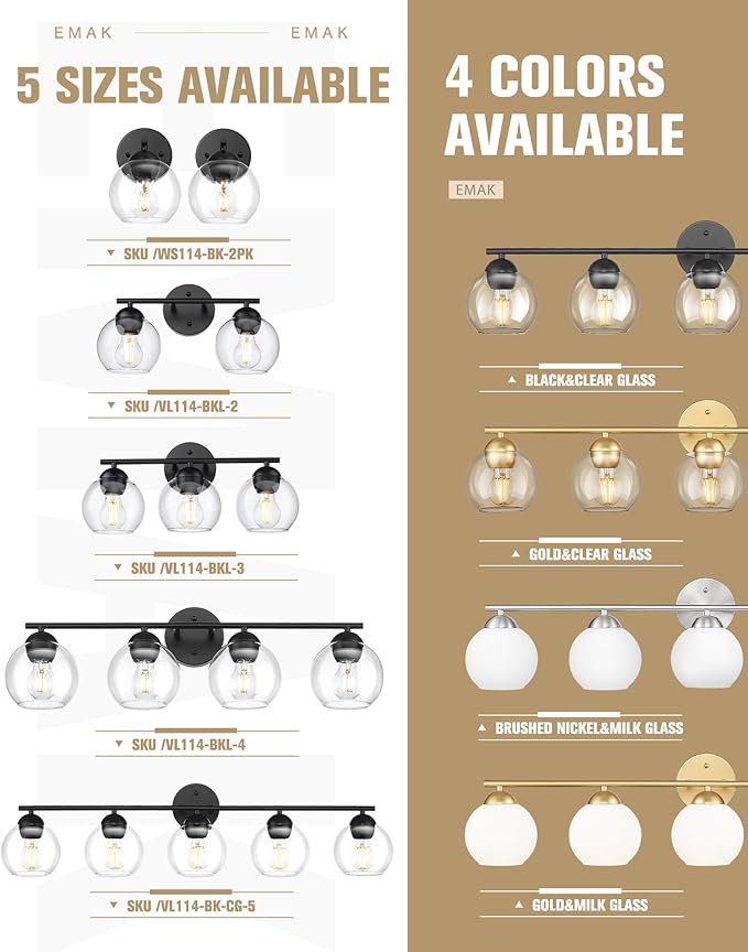 Emak 2-Light Black Bathroom Light Fixtures Over Mirror, Globe Bathroom Vanity Lights with Clear Glass Shade, VL114-BKL-2