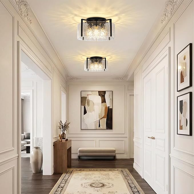 16" Semi-Flush Mount Ceiling Light, 4-Light Hammered Glass Drum Fixture | OYKYOHEI Indoor Lighting for Bedroom Hallway Entryway Kitchen Foyer Living Room Laundry Decor, Black Modern Dimmable E26