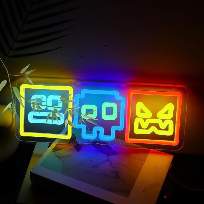Colorful Arcade Geomotry Cube Neon Sign Rhythm Platform Game | USB Powered Dimmable Neon wall decor for game room, bedroom, streamer setup gift for rhythm platform game lovers 14*5 inch
