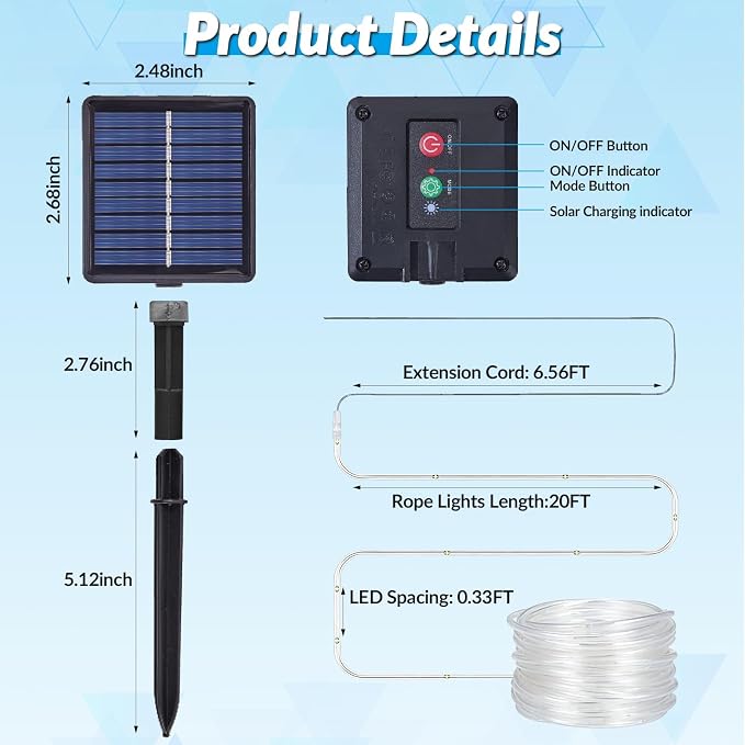 Solar Rope Lights, 20FT 60 LED Solar Fairy Lights with 8 Lighting Modes, IP65 Waterproof Strip Light Outdoor for Garden Yard Patio Deck Fence Tree Party Holiday Decoration, Warm White