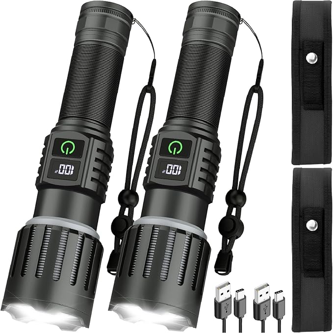 Victoper Rechargeable Flashlight, Titanium 5 Modes Zoomable Flash Light, Bright Real 1500 High Lumens Flashlights, LED Power Display Tactical Flash Lights Holster for Camping Hunting Essential Men