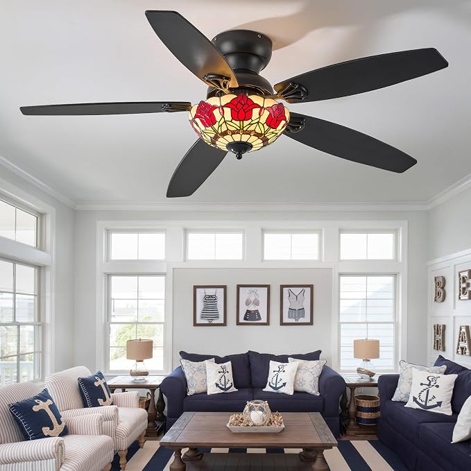 Tiffany Ceiling Fans with Lights-52"Ceiling Fan Chandelier and Glass Shade | 52" Ceiling Fan Chandelier with 5 Dual-Blades and Glass Shade, 6 Speeds and Reversible, Indoor and Outdoor, Retro Style