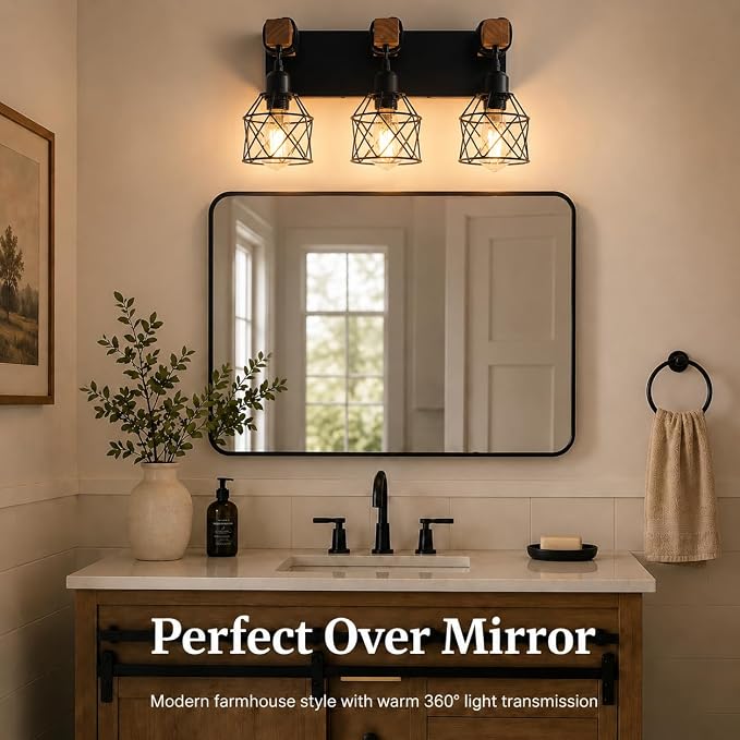 Farmhouse Vanity Light Fixture,3-Light Bathroom Lighting,Black Industrial Wood Wall Light Over Mirror with Metal Shade,Bulbs NOT Included