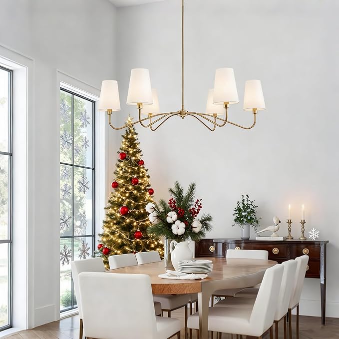 47'' Brushed Gold Chandelier with Shades, 6-Light Modern Chandelier for Living Room, Large Dining Room Light Fixture, Brass Large Classic Pendant Light Fixture for Kitchen Height Adjustable E12 Base