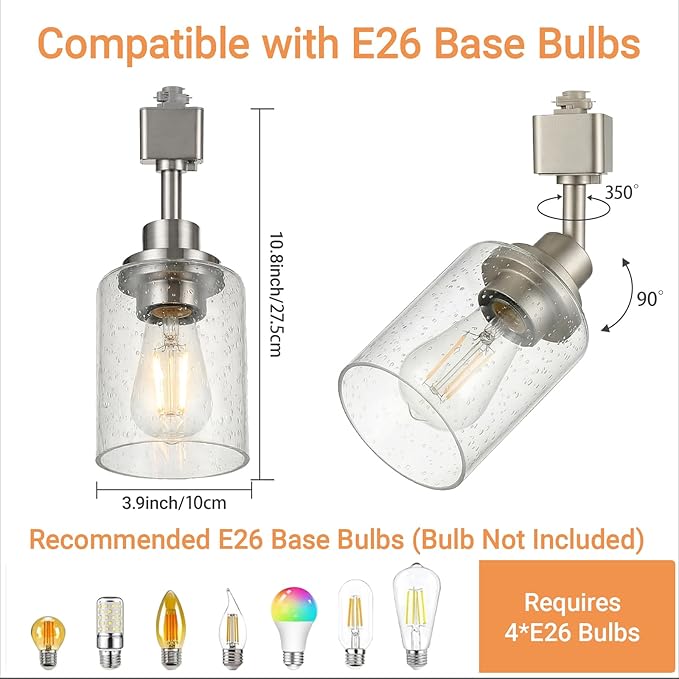 LOUSACE 4 Pack H Track Lighting Replacement Heads Brushed Nickel Ceiling Track Lighting Fixtures with Seeded Glass Shades, H Type Track Light Heads E26 Base Spotlight for Retail Shop Kitchen Bathroom