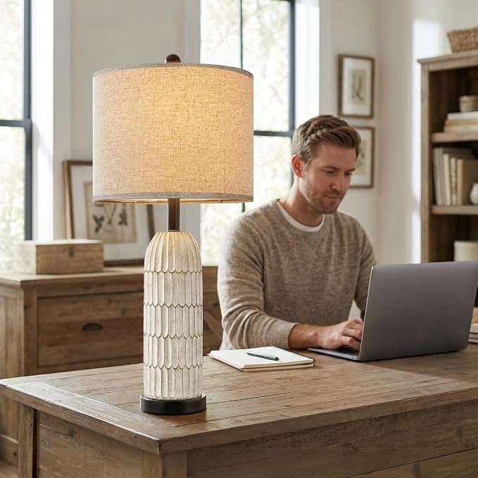 26.5" Bedside Table Lamps Set of 2, Farmhouse Table Lamp with USB A+C Charging Ports,Vintage Nightstand Lamp for Bedrooms and Living Rooms, Retro Resin End Table Lamp with Linen Shade,Black