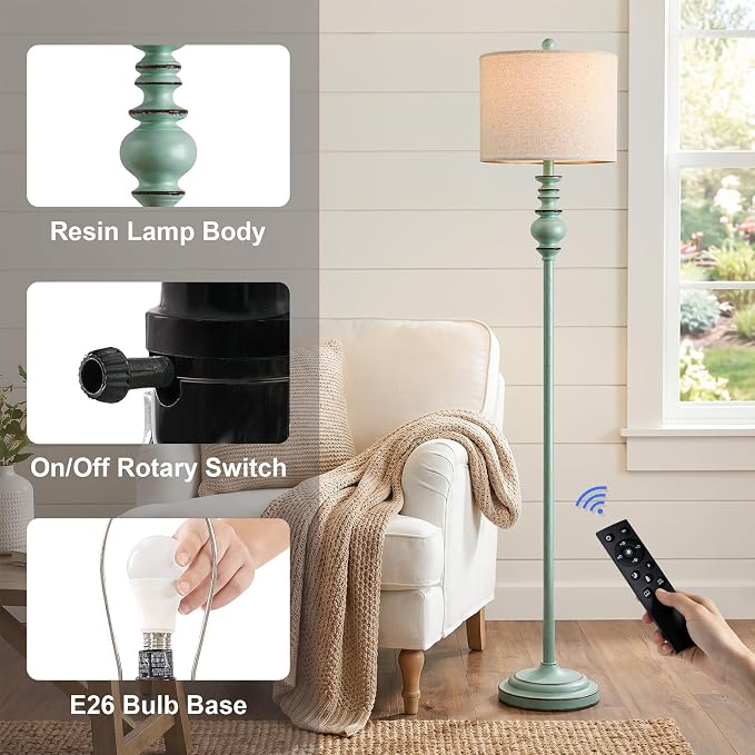BOBOMOMO 64.25" Farmhouse Floor Lamp with Remote, Dimmable Floor Lamp with Adjustable Color Temperatures, Antique Blue Standing Floor Lamp for Living Room Corner, Bedroom & Nursery, 9W Bulb Included