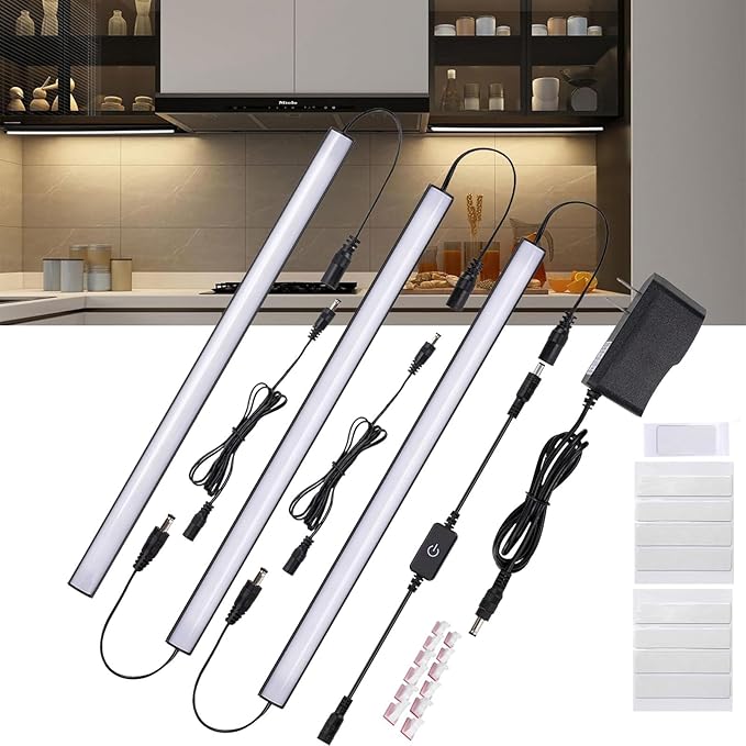 Black Under Cabinet Lighting Kits, 3-Pack 12In Dimmable LED Under Cabinet Lights Bars with 12V Power Adapter, 6000K Cool White Kitchen Under Counter Lights for Kitchen Cabinets, Book Shelves