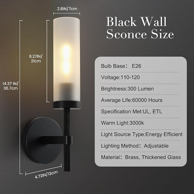 15" Hardwired Frosted Glass Bathroom Wall Sconces, Handmade Knurled Black Wall Light Fixture,Modern Vanity Lights, for Living Room,Hallway, Bedroom,Mirror, Indoor Sconces