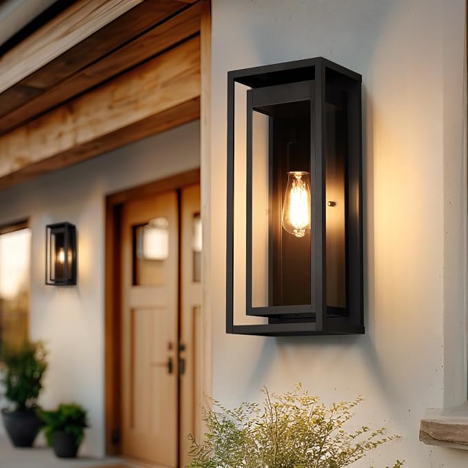 19" Large Outdoor Wall Light Fixtures, Black Porch Light | Large Size, Anti-Rust, Waterproof, Tempered Glass, Easy Installation, Modern Exterior Sconces for House Entryway Garage