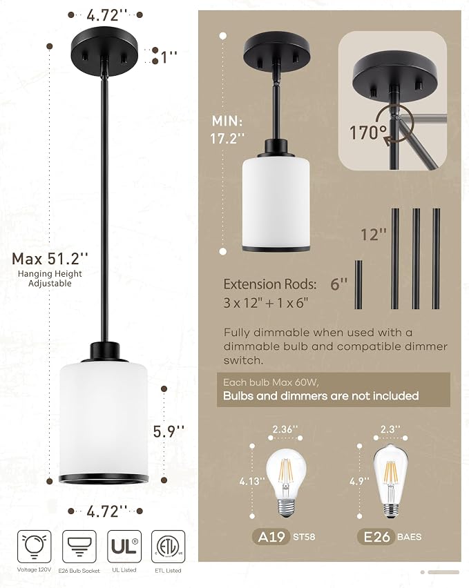 Beionxii Pendant Lights Kitchen Island, Milk Glass Pendant Lights, Black | Farmhouse Pendant Lighting,Modern Hanging Pendant Light with Rods for Kitchen Island Dining Room Bedroom Entryway,BX-PL02MB+R