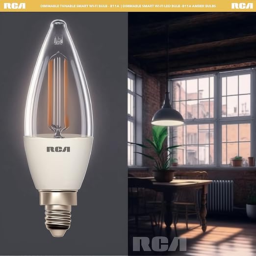 RCA WiFi Smart Light Bulbs Alexa Devices Compatible, Google Home, Amber B11 Vintage LED Light Bulb, 4W (40W Eq), 320 Lumens Dimmable LED Light Bulbs, Control with Smartphone, Tunable