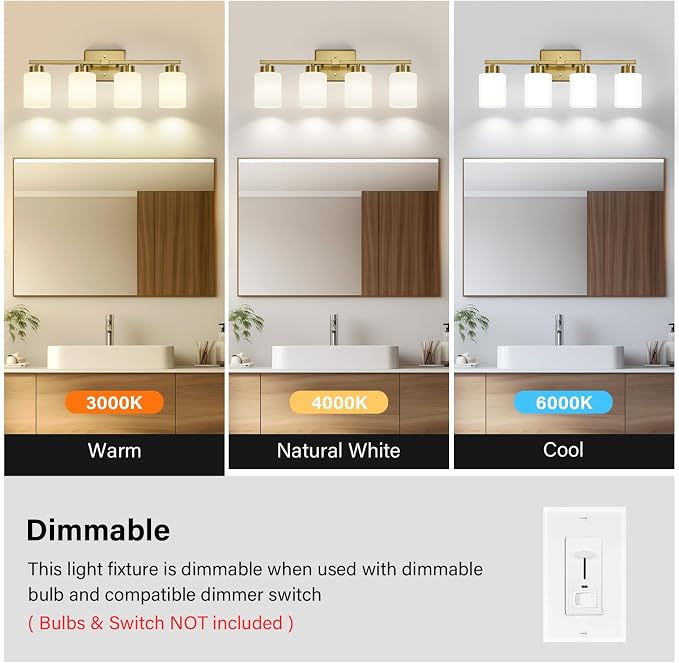 FonmYim Brushed Gold Bathroom Light Fixtures Vanity Lights Over Mirror | Modern 4-Light lighting fixtures for bathroom with Milky White Frosted Glass Shades, E26 Socket (Bulbs Not Included)