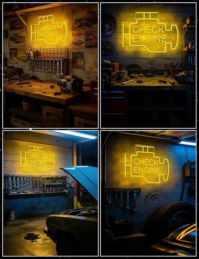 Check Engine Neon Sign for Man Cave Wall Decor, LED Light Up Garage Wall Art Sign for Car Room, Auto Repair Workshop Decor, Funny Gifts for Dad, Car Enthusiast (Check Engine)