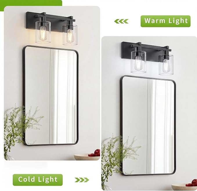 2-Light 13inch Matte Black Vanity Light, Thickened Clear Glass | Over Mirror for Bathroom, Rust Resistant, E26 Base, Easy Install, Removable Glass Shade Horizontal Mount, Dimmable