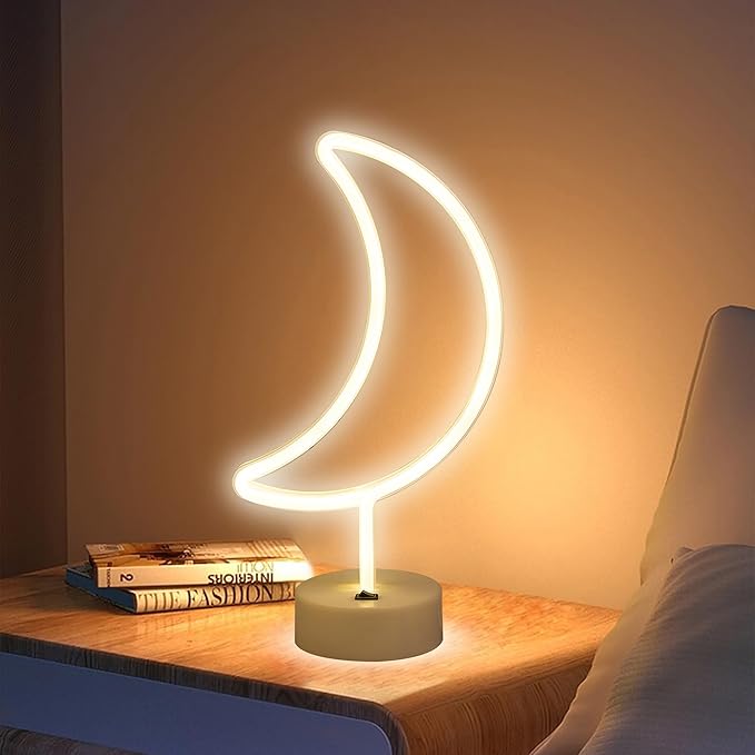 ENUOLI Warm White Moon Shape Led Neon Night Light with Holder Base Moon Neon Sign Lamp Power by Battery&USB Marquee Neon Sign for Home Party Birthday Bedroom Table Decoration Children Gifts