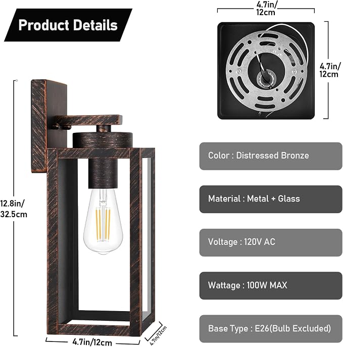 Outdoor Wall Light Fixtures, Outside Porch Lights, Distressed Brown | Waterproof Metal Construction, Rust-resistant, Quick & Easy Installation, Clear Glass Shades & Standard E26 Socket