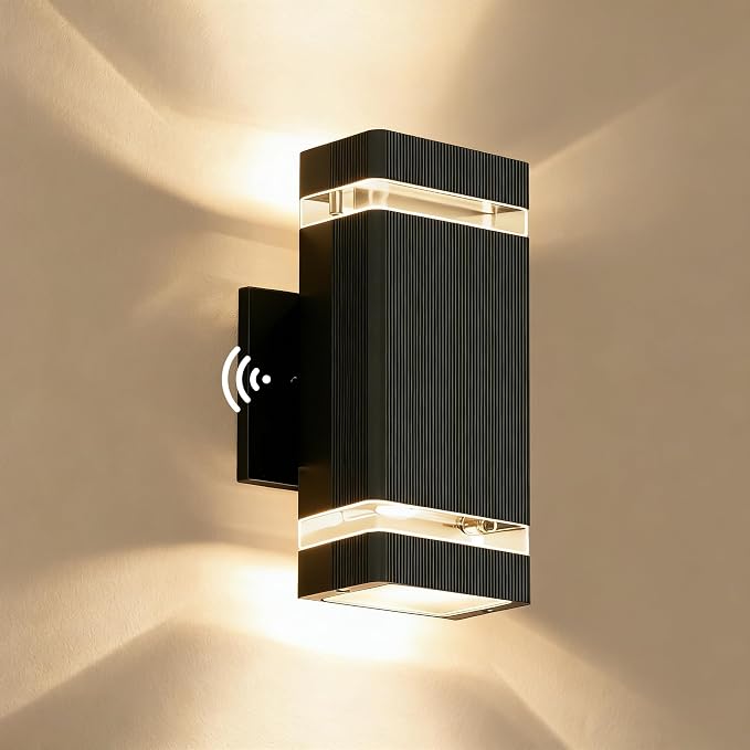 JYV Dusk to Dawn Square Outdoor Wall Lights, Up and Down Porch Lights,Black | Aluminum Exterior Lighting Fixtures with 2 * 7W Bulbs 3000K, Waterproof Outdoor Sconces Wall Lighting, for House Porch Garage