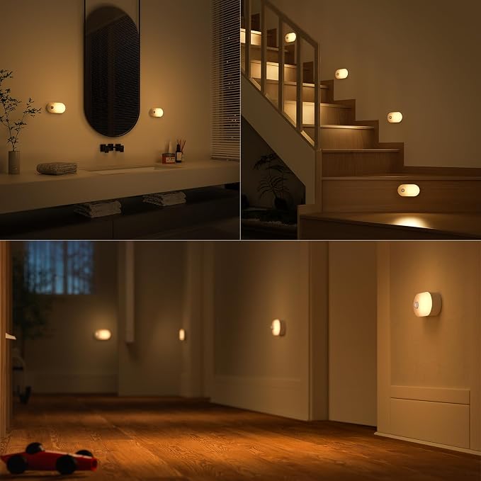Rechargeable Battery Night Light with Motion Sensor, 4-Pack | Stepless Dimmable, Stick-on LED Nightlights for the Bedroom, Bathroom, Kitchen, Stairs, Hallway, Travel Friendly