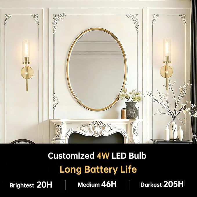 Shenmoyl Battery Operated Wall Sconces Set of 2, Gold Rechargeable Wall Lighting Fixtures, Dimmable Wall Lights with Remote & Clear Glass Shade for Living Room, Bathroom,Bedroom