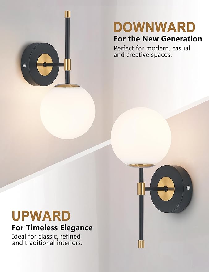 Battery Operated Wall Sconces Set of 2, Glass Globe Wireless Lights with Remote & Touch Control, Rechargeable Black & Gold Sconce, 3 Color Dimmable Ambient Lighting for Bedroom Living Room