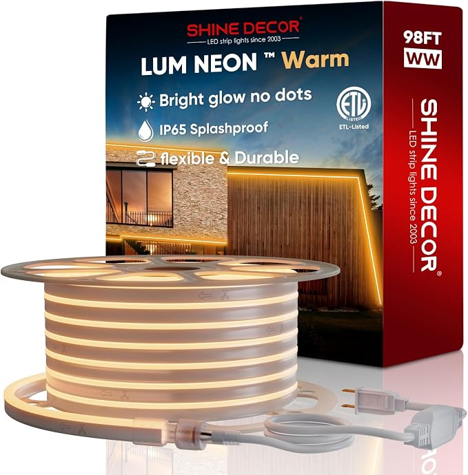 LED Neon Rope Lights AC 120V, Expandable & Cuttable 120LEDs/M Bright Strip Lighting, ETL Cold-Resistant & IP65 Waterproof for Indoor Outdoor, 8x16mm, 2500K Warm White, 98.4ft