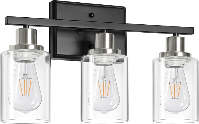 Ascher Bathroom Vanity Light Fixtures, 3 Light Wall Sconces Lighting with Clear Glass Shade, Black and Brushed Nickel Wall Lights for Mirror, Kitchen, Living Room, E26 Base (Bulbs Not Included)
