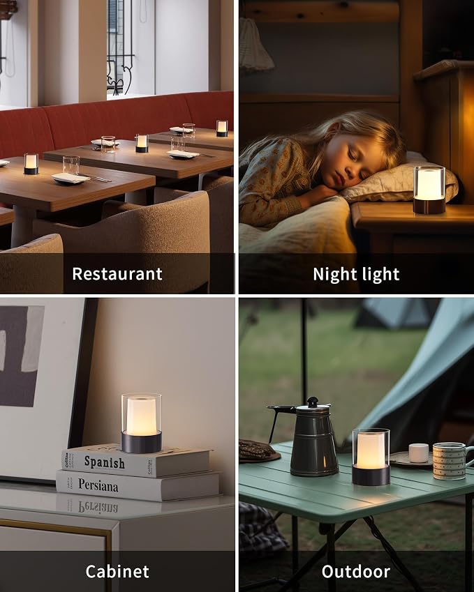 4" Black Cordless Table Lamp Set of 2, Outdoor Rechargeable Lamp | LED, Battery Operated, Portable, Touch Night Light for Dining Room, Camping, Bar, Party, Bedside, Bedroom, Home Decor, Gift