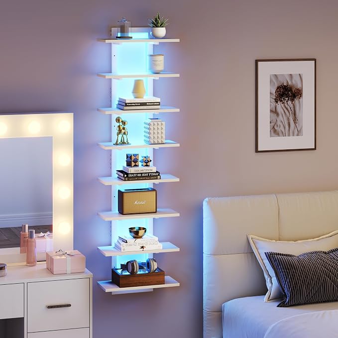8 Tier Wall Shelf Unit Floating Shelves with LED Light, Vertical Wall Shelf, Wall Mounted Display Shelf for Living Room, Bedroom, Vanity, 15" W x 5.9" D x 58.3" H, White