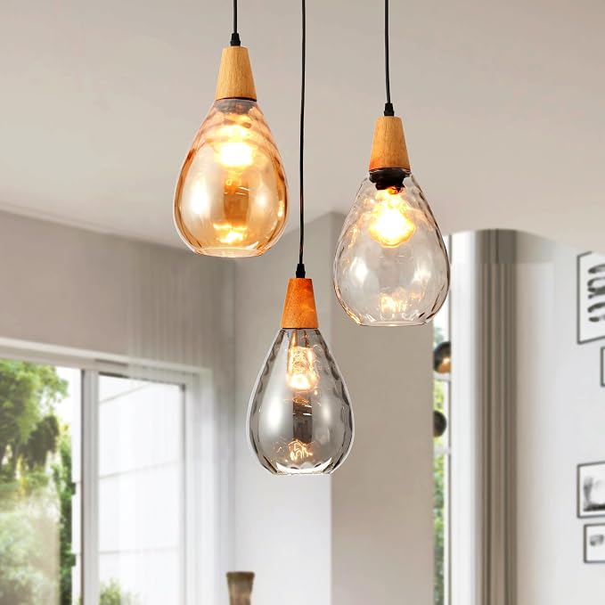 Modern Glass Pendant Light Fixtures, 3 Lights Hammered Glass Pendant Lights, Vintage Cluster Pendant Light in Matte Black Finish, Hanging Lamp for Dining Room Kitchen Sink Foyer Cafe Bar