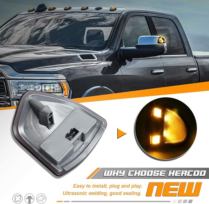 HERCOO LED Side Mirror Turn Signal Light Left and Right Lamps Smoked Cover Lens for 68302828AA 68302829AA Compatible with 2010-2018 Dodge Ram 1500 2500 3500 4500 5500, Pack of 2