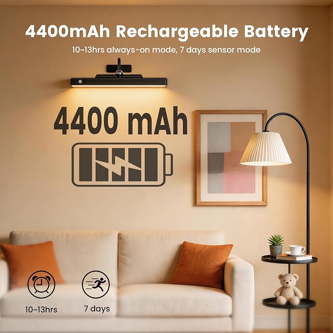 Wireless Picture Light for Wall with Motion Sensor, 12 Inch, Black, 2 Pack | Cordless, Magnetic Detachable Bar, Rechargeable, Remote Control, 3CCT Dimmable, 4400mAh, for Artworks Photos