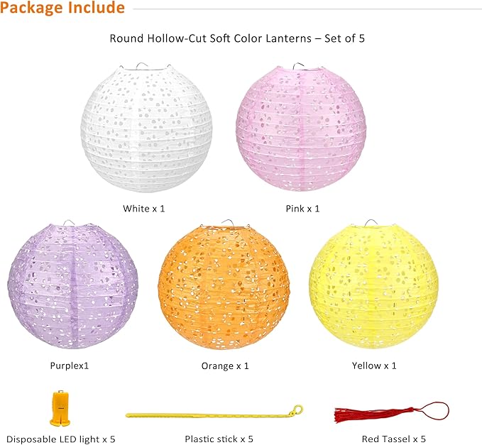 5Pack Paper Lanterns Chinese Japanese Hanging Paper Lanterns with LED Lights Sticks Tassels 8 Inch Round for Chinese Lunar New Year Party Decorations 2026 Spring Festival Wedding Asian Home Decor