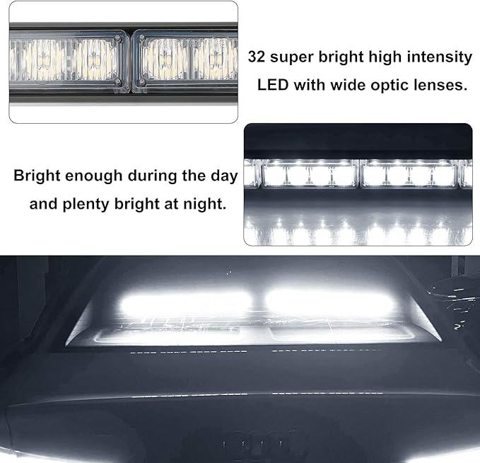 ASPL 2x16.8 inch Emergency Flashing LED Traffic Advisor Strobe Light Bar 32LED 26 Flash Patterns Interior Safety Warning Lights (White)