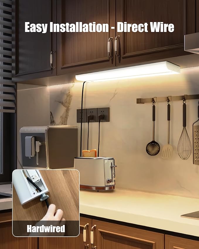 24‘’ Hardwired Under Cabinet Lighting, 3 Color Settings - 2700K/4000K/5000K | Warm White, Cool White, and Daylight Under Cabinet Lighting, 16W 1400LM Dimmable Under Counter Lights for Kitchen, CRI>97