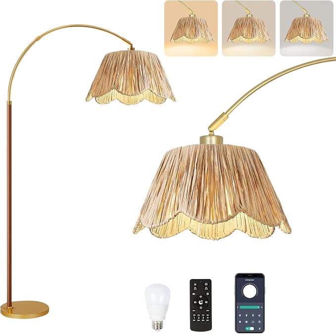Vintage Arc Floor Lamps for Living Room Farmhouse Wood Floor Lamp with Remote Control,Dimmable Rattan Floor Lamp Boho Standing Lamp with 3 Color Temperature Wicker Tall Floor Lamp for Bedroom Corner