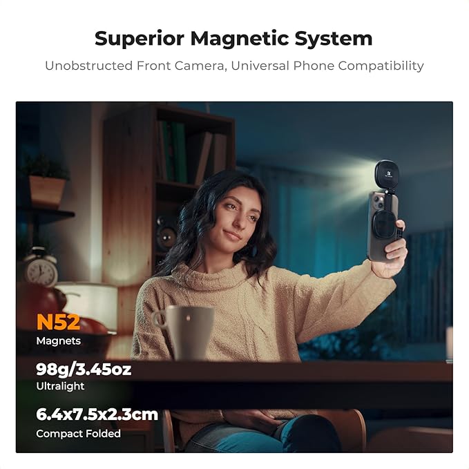 K&F CONCEPT Magnetic Selfie Light with 360°Rotation & Mirror, CRI95+ Foldable Phone Ring Light Compatible with iPhone Magsafe/Android, Portable LED Fill Light for Photography/Vlogging