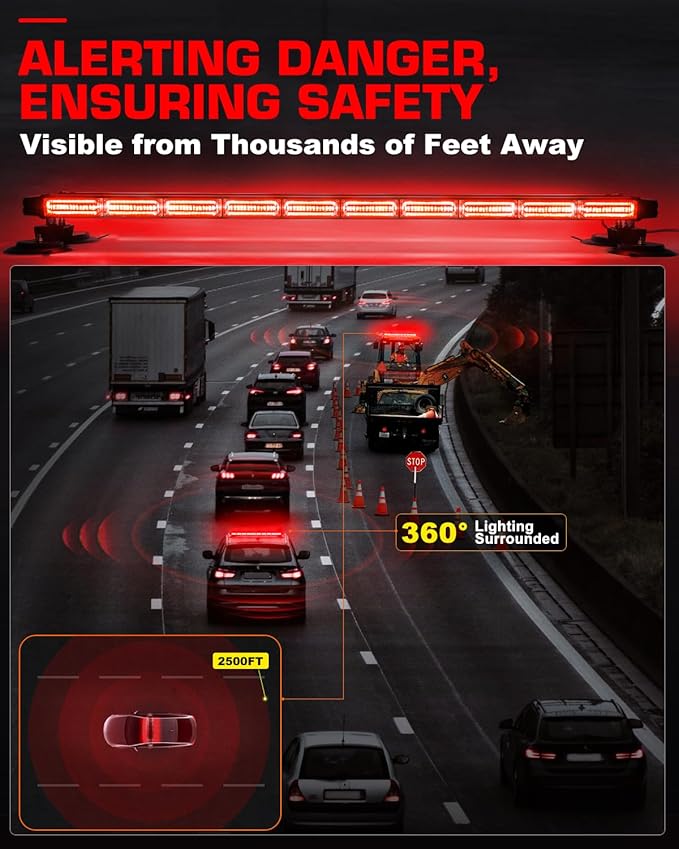 42" 206 LED Rooftop Strobe Flashing Light Bar Double Side Emergency Hazard Warning Beacon Lights w/Magnetic Base for Safety Construction Vehicles Trucks Pickup Snowplow