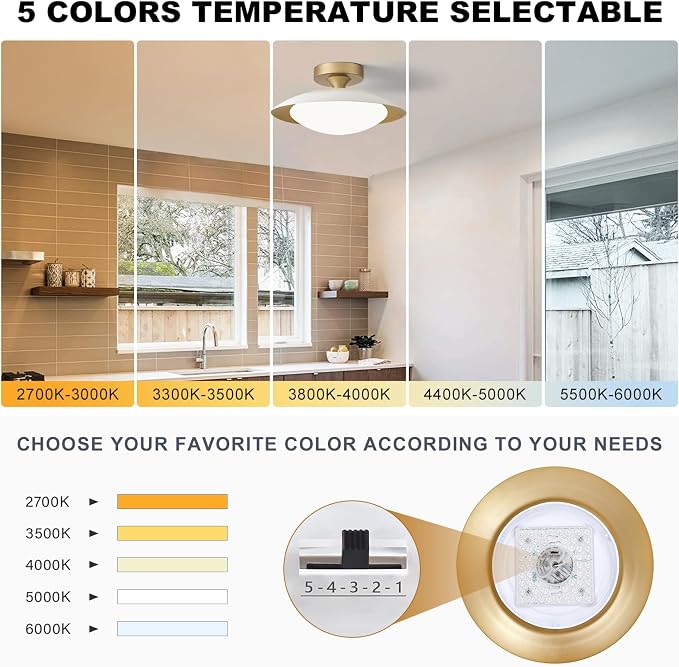 YURNYQ Dimmable Modern LED White and Gold Ceiling Light Fixture 11.81 in | Glass Shade Kitchen Semi Flush Mount Ceiling Light Fixture,5CCT In One Light Fxiture for Hallway Bedroom Laundry Room Foyer