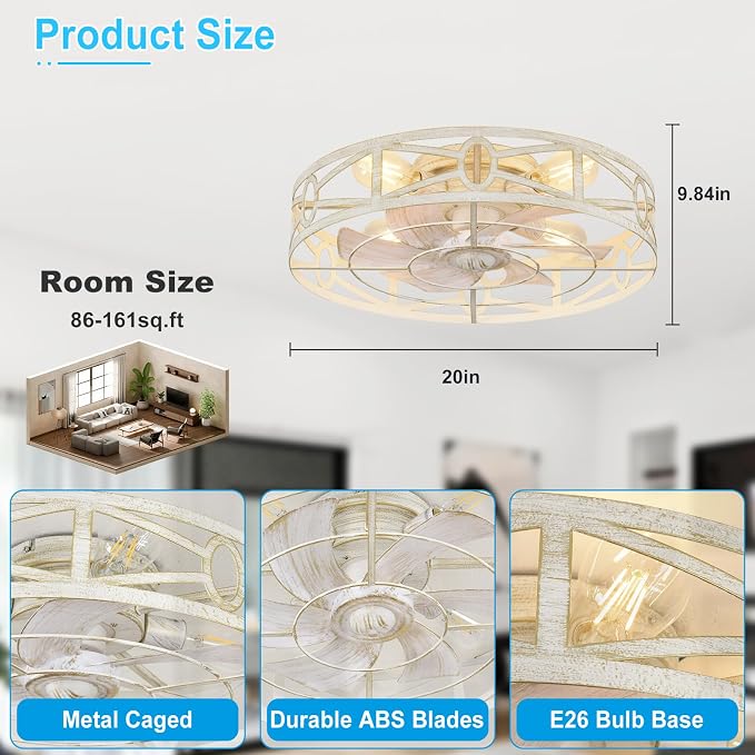 Depuley Flush Mount Ceiling Fan: 20" Caged Ceiling Fans with Remote Control for Patio Kitchen Bedroom - Low Profile Fandelier Lights Fixture Reversible 6 Speed Timer Cement 4*E26 Bulb Not Included
