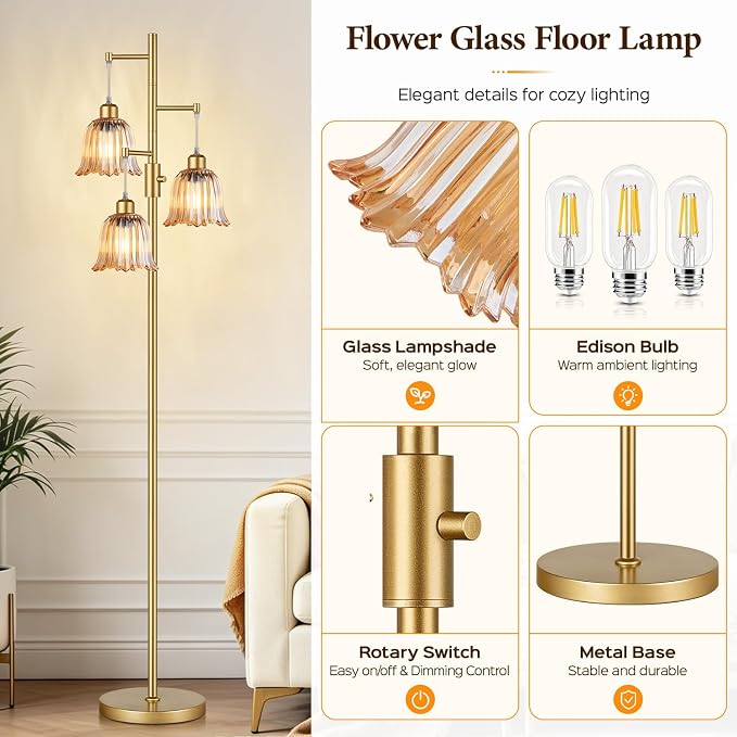 Dimmable Flower Floor Lamp, 3 x 900LM LED Bulbs Included, Modern | 70" Gold Tree Standing Lamp, 3 Lights Elegant Amber Glass Flower Shade, Vintage Floor Lamps for Living Room, Bedroom, Office