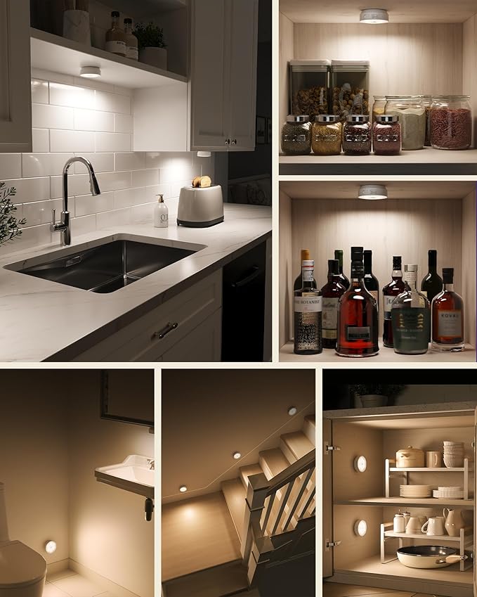 EZVALO 8 Pack Motion Sensor Closet Lights, 1200mAh Rechargeable Under Cabinet Lights, Night Lights, Puck Lights, Dimmable, 3 Color Temps, Magnetic, Stick on for Kitchen, Stairs, Closet