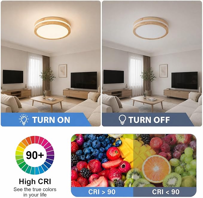 Pevfah Modern Dimmable LED Wood Flush Mount Ceiling Light, 5CCT Round Close to Ceiling Lighting Fixtures, Minimalist Ceiling Lamp for Bedroom, Kitchen, Hallway, Laundry Room-15.74in