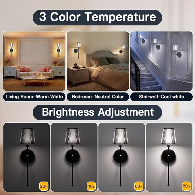TaoFiaCo Battery Operated Wall Sconces Set of 2,Wireless Wall Sconce Black | 5200mAh Rechargeable, Remote, Timer, Dimmable, Cordless Wall Light for Bedroom Living Room, Hallway, Light Decor
