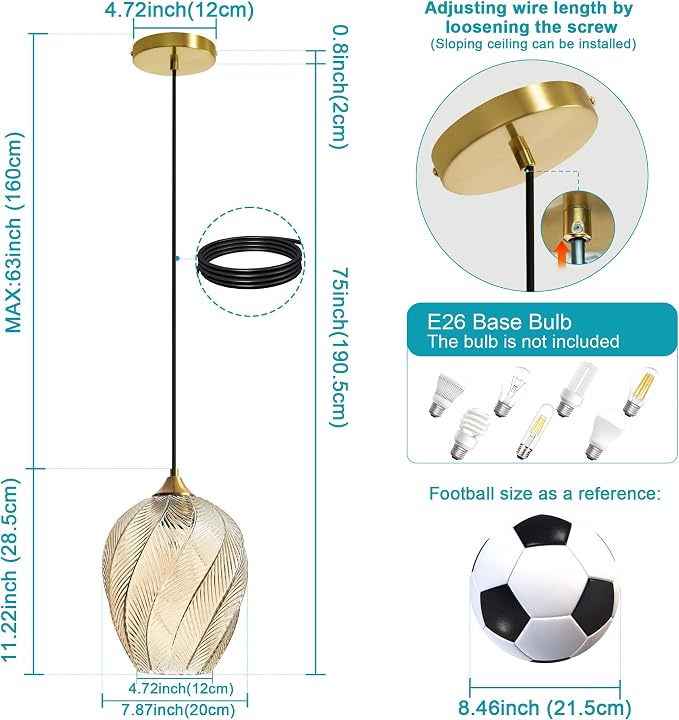 Amber Glass Pendant Lights Kitchen Island Gold Hanging Ceiling Light 8" | 1 Pack, Adjustable height, Dimmable, E26 bulbs, Rust-resistant Damp Rated For Bathrooms, 5-Year Warranty, UL Certification