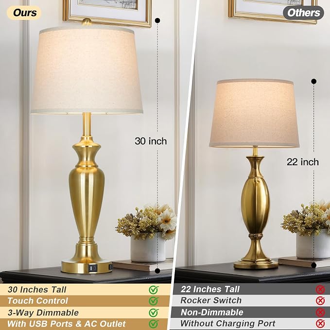 30" Tall Gold Table Lamps Set of 2 for Living Room, Touch Control Bedside Lamps for Nightstand, 3-Way Dimmable Bedroom Table Lamp with USB A+C Ports and AC Outlet (2 LED Bulbs Included)
