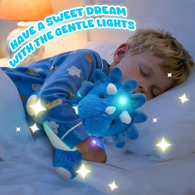 Glow Guards 12'' Light up Triceratops Dinosaur Stuffed Animal,LED Soft Dinosaur Plush Toy with Magic Night Lights&Lullaby,Birthday Children's Day for Toddler Kids (Blue, LED)