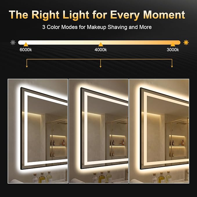 LED Bathroom Mirror with Light, 30x55 Vanity Mirror for Wall with Frame | Anti-Fog, Dimmable 3 Colors, Memory Function, Backlit and Front Lit, Shatter-Proof Glass, Plug-in/Hardwired