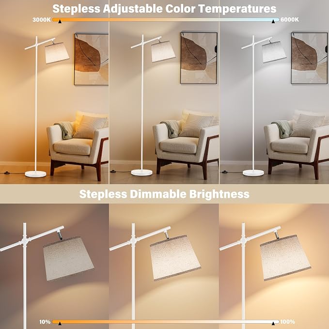 Floor Lamp with Linen Shade, Dimmable Tall Standing Lamp with Remote Control & 3 Color Temperatures Bulb, Modern Swing Arm Floor Lamps for Living Room Bedroom Office Corner